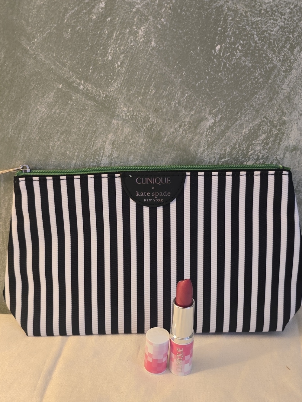 Clinique x Kate Spade Black & White Striped Cosmetic Pouch & Lipstick Love Pop